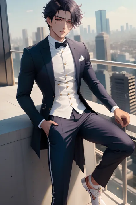 black-haired male arafed in a suit and bow tie sitting on a ledge, terno dourado azul, terno elegante, vestindo um terno masculi...