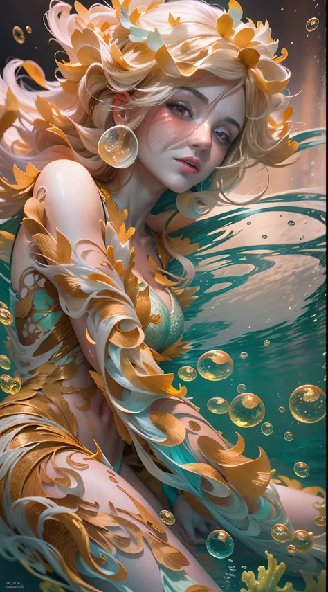 Estilo Modelshoot, (extremamente detalhado CG unidade 8k papel de parede), A chaotic storm of intricate liquid smoke in the head, Retrato abstrato estilizado da menina bonita, pele molhada,Koi,Koi bonito | | |,Bandas Koi,CARPA,Corais de formas estranhas,Oc...