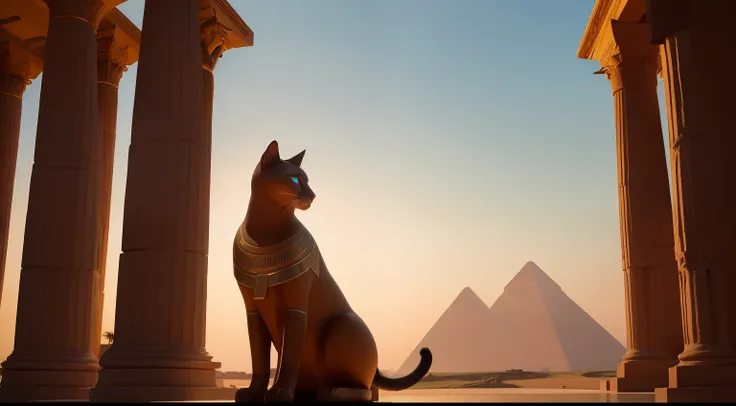 Amidst a backdrop of enigmatic Egyptian ruins, an aura of mystery hangs in the air. Beneath the amber light of twilight, the imposing statue of Bastet, the cat goddess, rises majestically. Her lapis lazuli eyes radiate a supernatural aura, contrasting agai...