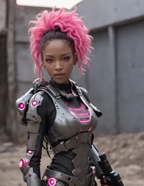 REALISTIC ANIME STYLE, JAPANESE ANIME, REAL ANIME, RAGE UNLEASHED, CRAZY SMILE, HAPPY, INSANE, afro asian cute woman cyborg soldier HEAVY CYBERNETIC ARMOR, NEON PINK SNIPER RIFFLE, SNIPER RIFLE glowing PINK eyes, BIG COOL CYBERNETIC HOODIE JACKET WITH cybe...