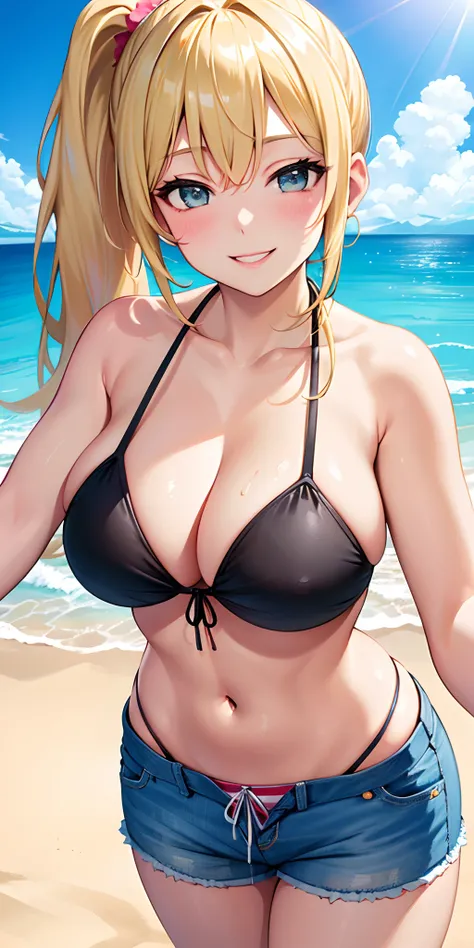 (Best quality:1.3), blonde ponytail, large breasts, bikini, shorts, smiling, (pov, close shot), beach background