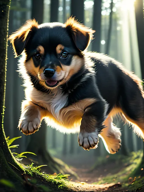 close up photo of a very cute jumping puppy in the forest, soft volumetric lights, (backlit:1.3), (cinematic:1.2), intricate details, (ArtStation:1.3), Rutkowski