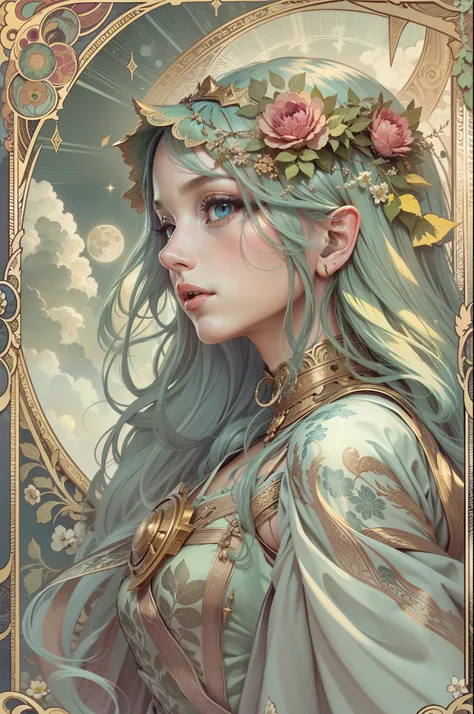 Tarot card, 1 elf girl，european elf face portrait，long shapeless hair, Shiny skin, Detailed face, wearing patterned robe， Sumeru，Clouds, moon，((tarot card layout))，Best quality, Masterpiece, (Realistic:0.6), Realistic lighting,Flower frame， Decorative pane...