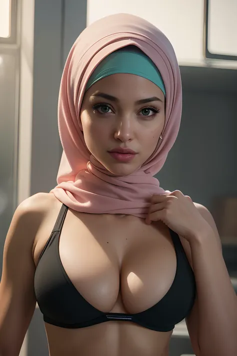 photo of Angelina Jolie wearing hijab, gym outfit, at the gym, (((medium size breasts, cleavage))),(((sexy))), ((hourglass figure)), ((pastel color hijab)), lipstick, photorealistic, masterpiece, realistic, realism, photorealism, high contrast, photorealis...