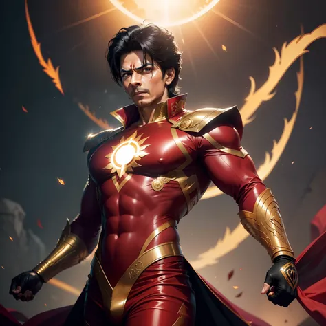 "Create a highly detailed AI image that faithfully depicts Bollywood icon Shahrukh Khan transformed into the legendary superhero Shaktimaan, wearing the original red and golden costume. Pay meticulous attention to replicating Shahrukh Khans facial features...