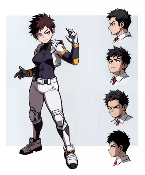 My Hero Academia style, anime Girl, female, trending on artstation pixiv, (full body shot:0.5), wide hips, wide thighs, medium breast, buzzcut side, dark purple hair, short hair, Orange eyes, hero suit, full body suit, dark purple suit with white pants, wh...