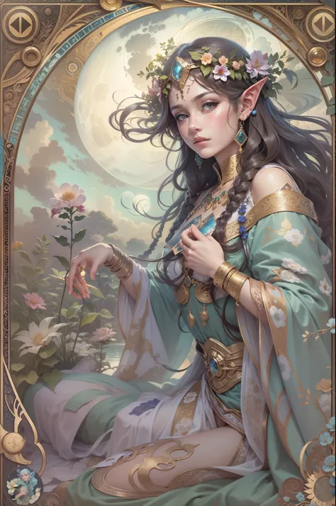 Tarot card, 1 elf girl，european elf face (portrait)，long shapeless hair, Shiny skin, Detailed face, wearing patterned robe， Sumeru，Clouds, moon，((tarot card layout))，Best quality, Masterpiece, (Realistic:0.6), Realistic lighting,Flower frame， Decorative pa...