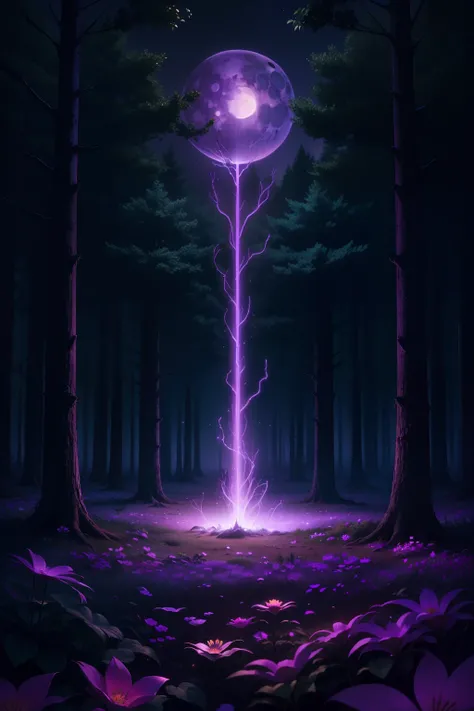 night glowing forest, neon flowers, purple moon; realistic, hyper realistic, detailed, 8k UHD