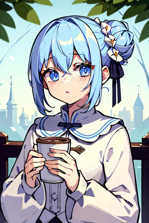 border,(masterpiece), (best quality), (highly detailed), 1girl, solo, blue eyes, holding, disposable cup, looking at viewer, holding cup, outdoors, snow, long sleeves, bangs, cup, coffee cup, tree, open mouth, bare tree, fur trim, hair between eyes, ribbon...