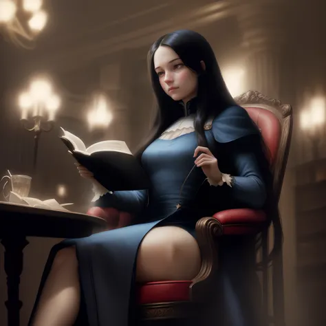 Oil painting of a young woman with long hair blue velvet dress,Sitting in a high chair with a backrest reading a large biochemical book in a Templar library, lighting dramatic , Sombras profundas, classic color palette, Ultra Detalhado, elegante, belas art...