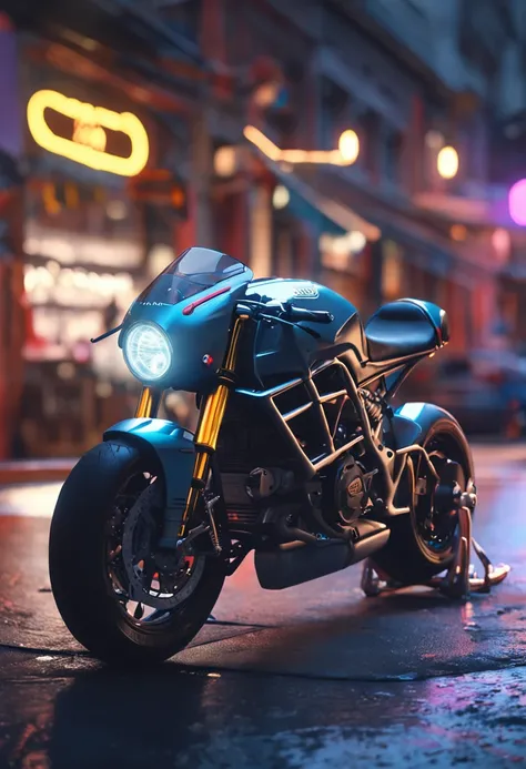 Café racer Ducati motorcycle, neon lights, pixar rendering, Barroco, ornado, bokeh, raio de sol, detalhes intrincados, 8k, Sonho, soft lighting, trending on ArtStation, altamente detalhado, Directed by: Ross Tran, WLOP, Artgerm e James Jean, Brian Froud, M...