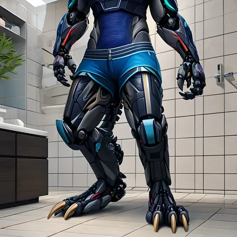 Bionic Mechanical Dragon，Golden Dragon，female，Humanoid，Wear blue shorts，Standing on the porcelain floor of the apartment。HD graphics，Detailed and realistic，high detal，high qulity