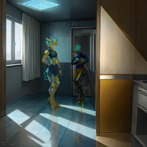 Bionic Mechanical Dragon，Golden Dragon，female，Humanoid，Wear blue shorts，Standing on the porcelain floor of the apartment。HD graphics，Detailed and realistic，high detal，high qulity