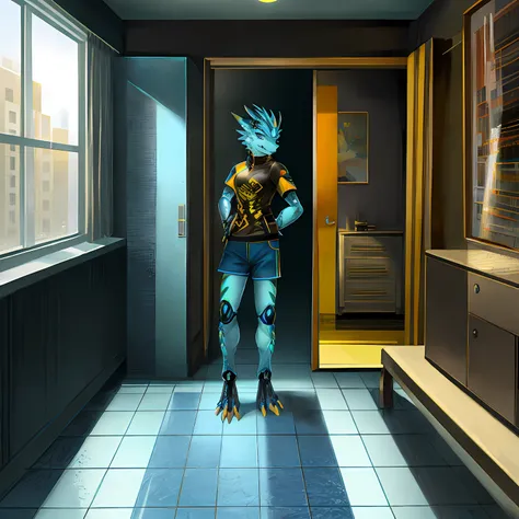 Bionic Mechanical Dragon，Golden Dragon，female，Humanoid，Wear blue shorts，Standing on the porcelain floor of the apartment。HD graphics，Detailed and realistic，high detal，high qulity