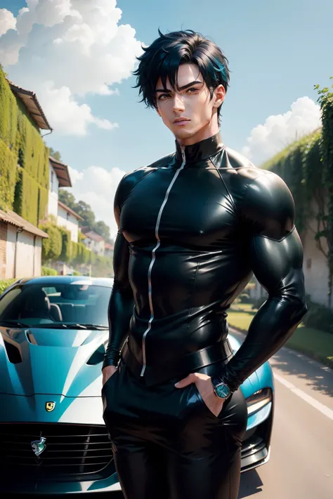 A male anime character with an athletic body, cabelo preto, bem vestido com traje de cores de tons escuros, in a beautiful village with verdant fields and blue sky, With a Ferrari behind him