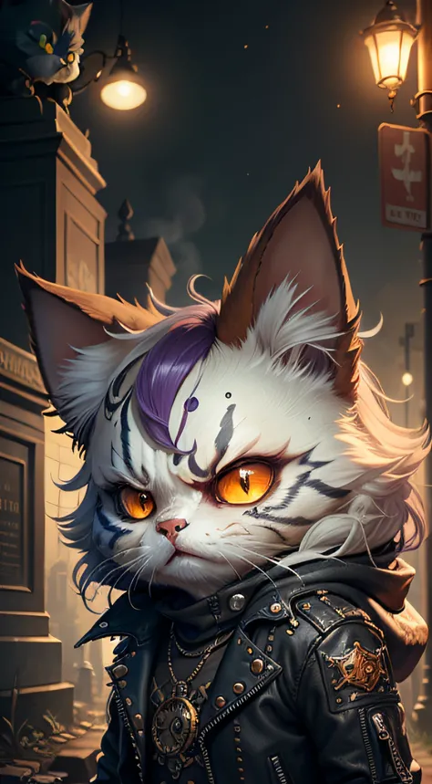 Persian cat anthropomorphic zombie  , steampunc ,, , studded leather jacket，Intricate decoration decorated with orange and purple , "Pirate steampunk" theme,, , Highest quality,, Very angry face, Body fitness, full bodyesbian, Long hair with braids , At ni...