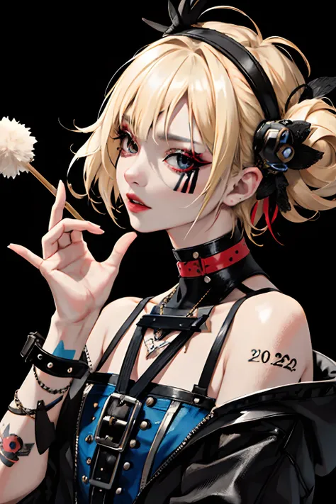 (masuter piece:1.2、top-quality)、(Live Action、Intricate details)、(1lady、独奏、The upper part of the body) garments: Edgy、Avant-garde、Experimental appearance: a blond、short-hair、Dramatic makeup、Unconventional fashion choices behavior: Rebel、Anti-system、Provocat...