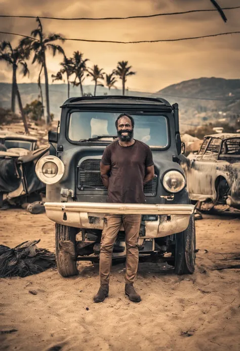 um retrato na altura do peito, homem negro, cabelo curto, barba raspada, rosto liso, pele escura, 40 anos, sorriso, texturas 4k, hdr, intrincado, altamente detalhado, foco nítido, cinematic visual, hiperdetalhado