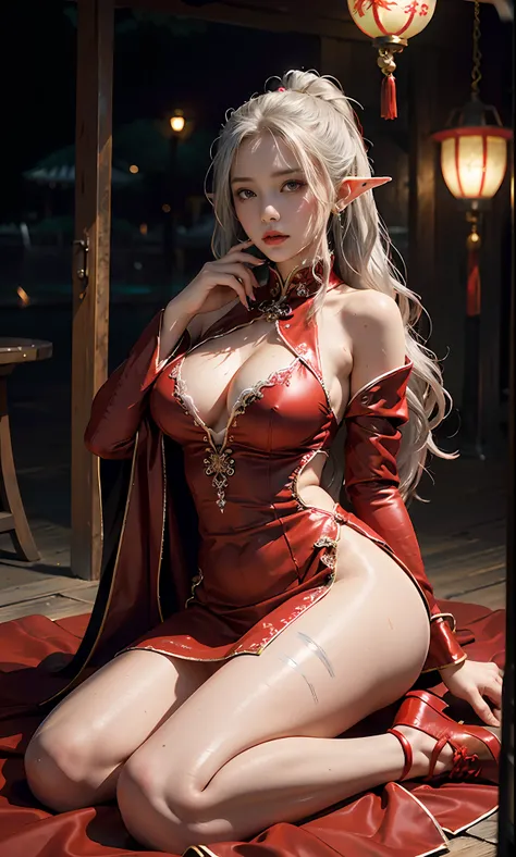 （Redcoat：1 silver-haired girl, Normal posture）， tmasterpiece， best qualtiy， RAW photogr， realisticlying， the face， Incredibly Ridiculous res， Beautiful elf beauty， ear studs，Get wet all over， (Long silver hair)， (Red wedding dress+)，Chinese dress silk long...