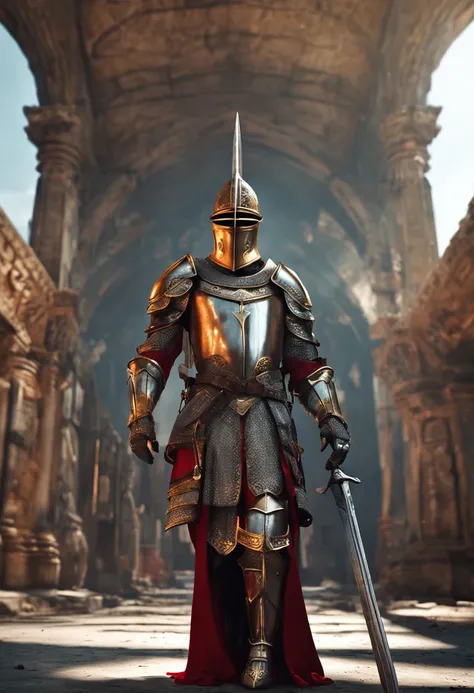 Royal Knights，Gorgeous heavy armor wraps the whole body，show，femele，Tall and mighty，Point the Knights Sword to the ground，sportrait，closeup cleavage，Solemn，flatchest，modest，humble，Cinematic, hdr, primitive, Intricate, High quality, Gorgeous shades, Intrica...