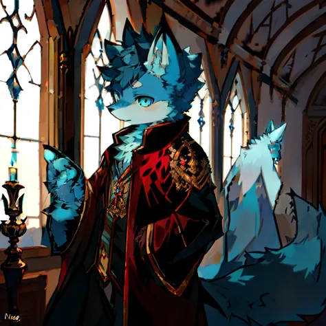 Fox Boy，a plush，male people，8 year old boy，Vampires，morpheus，Blue skin，blue color eyes，Fluffy tail，Inside the castle，Black robe