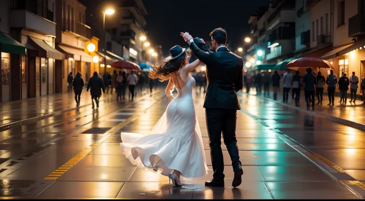 {Una pareja bailando y festejando en la calle, Por la noche, Plano medio, autopista}{escenario urbano, llueve, charcos en el pavimento, Edificios}