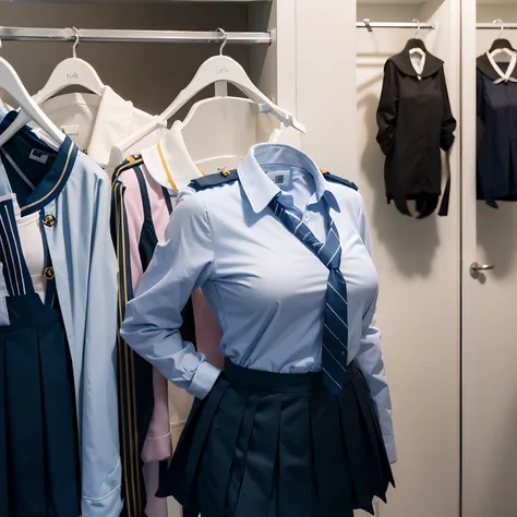 (girls school uniforms on hanger:1.9) , (school uniforms on hangers swells as if worn by invisible girl:1.9), (in the closet), ((invisible, no humans:1.7, headless:1.7, handless, legless)), (big breasts:1.8),(on hanger:1.8)
(8k, RAW photo, best quality, ma...