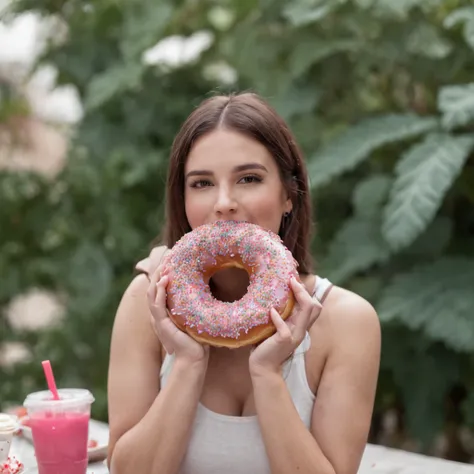 mulher comendo um donut com cobertura rosa e sprinkles, comer uma rosquinha, comer bolos, prestes a consumi-lo, gula, Comer, obeso ), sobrepeso, advertising photo, devours a hamburger, eating burgers, Devorando, obeso, foto de perfil, Foto promocional, com...