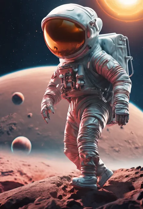 a mini astronaut in chibi model, wearing a space suit, in the style of photorealistic surrealism, abstract colorist sculptor, poured, fluid and loose, sci-fi influenced, sculpted Cartoon icon art, 3D pixar style drawing, a planet in space, isolated, explor...