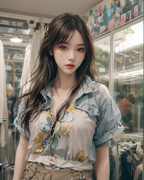 (((one-girl)))，Fashionab(Hyper-realistic) , (illustratio), (Increase the resolution), (8K), （RAW photos，best qualtiy），（realisticlying，photograph realistic：1.3），best qualtiy，highly  detailed，tmasterpiece，Hyper-detailing，garments，Fashion womens clothing。