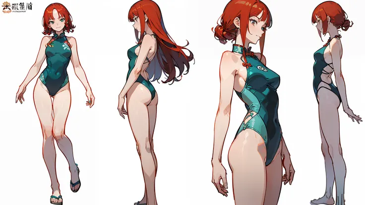 ((Best Quality)), ((Masterpiece)), ((Realistic)) 19 year old, redhead girl, shoulder length hair, relaxed happy face ((slender)) (busty), ((( cheongsam turquoise one piece swimsuit ))) ((sexy )) corkscrew hairstyle (((detailed character sheet, frontal view...