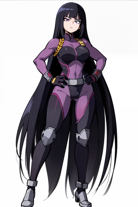 My Hero Academia style, anime Girl, female, trending on artstation pixiv, (full body shot:0.5), wide hips, wide thighs, medium breast, Very long hair, black hair, straight hair, violet eyes, hero costume, full body suit, Violet suit with gray and black det...