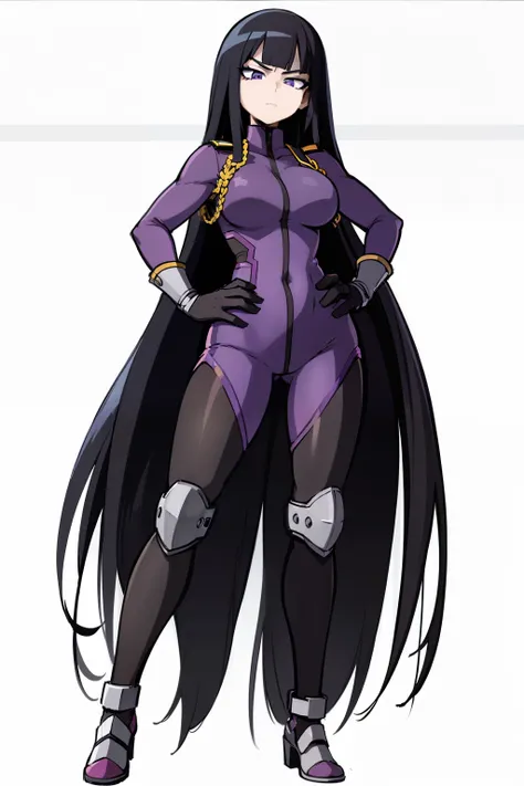 My Hero Academia style, anime Girl, female, trending on artstation pixiv, (full body shot:0.5), wide hips, wide thighs, medium breast, Very long hair, black hair, straight hair, violet eyes, hero costume, full body suit, Violet suit with gray and black det...