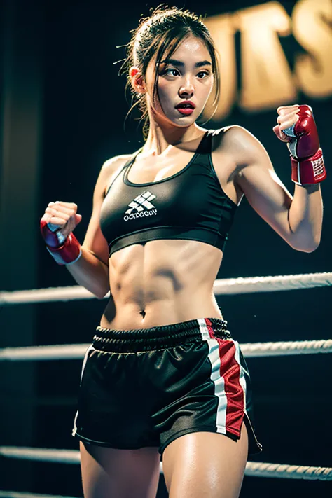 (original) , (very detailed wallpaper) , (best quality) , (masterpiece) , photographic reality, realistic, very detailed illustrations, (1 girl) , beautiful eyes, (delicate face) , perfect detail, (super complex details) , 
 (boxing girl) , (aggressive pun...