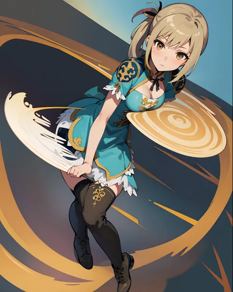 best quality, (masterpiece:1.2), illustration, absurdres,
(1girl, solo), (beautiful detailed girl), (cute:0.4), 
Wang Yuanji, blonde hair, ponytail, brown eyes, large breasts, 
aqua dress, ornate dress, cleavage, aqua skirt, black thigh boots, thighhigh bo...