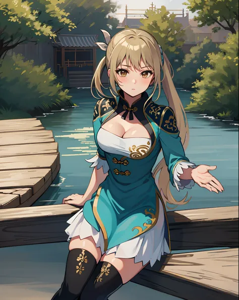 best quality, (masterpiece:1.2), illustration, absurdres,
(1girl, solo), (beautiful detailed girl), (cute:0.4), 
Wang Yuanji, blonde hair, ponytail, brown eyes, large breasts, 
aqua dress, ornate dress, cleavage, aqua skirt, black thigh boots, thighhigh bo...