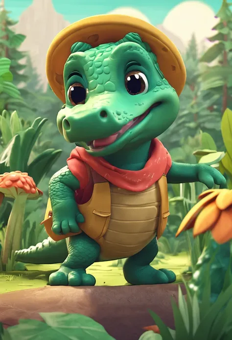 A cute alligator named Junior lives happily in the woods, feliz, estilo cartoon, estilo logo, estilo desenho animado, resulução4k,recursos faciais alteamente detalhados