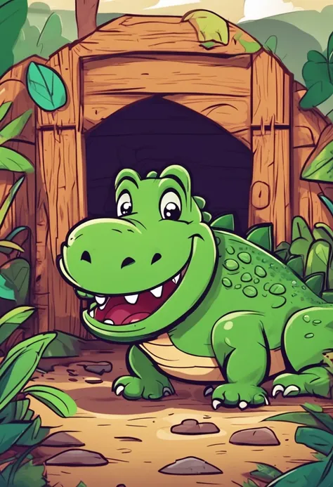 A cute alligator named Junior lives happily in the woods, feliz, estilo cartoon, estilo logo, estilo desenho animado, resulução4k,recursos faciais alteamente detalhados