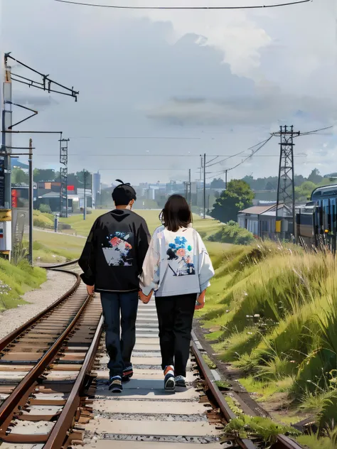 there are two people walking on the train tracks holding hands, outlive streetwear collection, in the distance, from the distance, long distance photo, photo taken in 2 0 2 0, taken in 2 0 2 0, looking off into the distance, couple, adult, walking towards ...