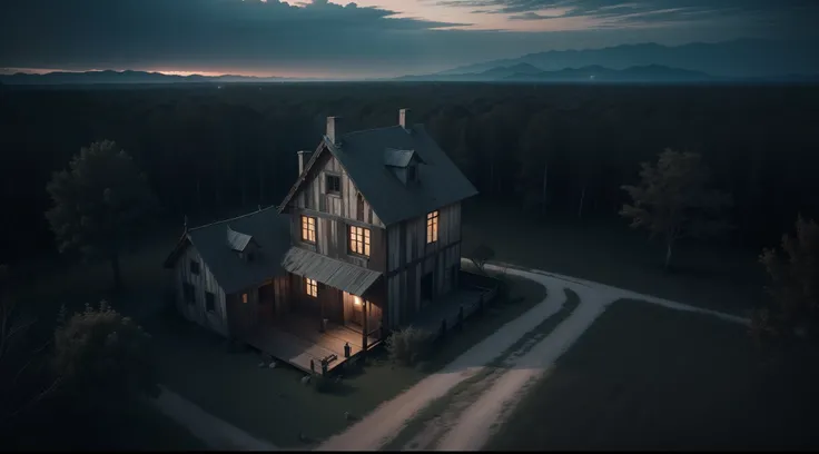 Old house esilo gothic, with dry, dead trees around, rodeada por um charco negro, atmosfera sufocante, Noite escura, estilo jogo de terror, Evil, Aerial view, 8k, maximum detailed, alta qualidade