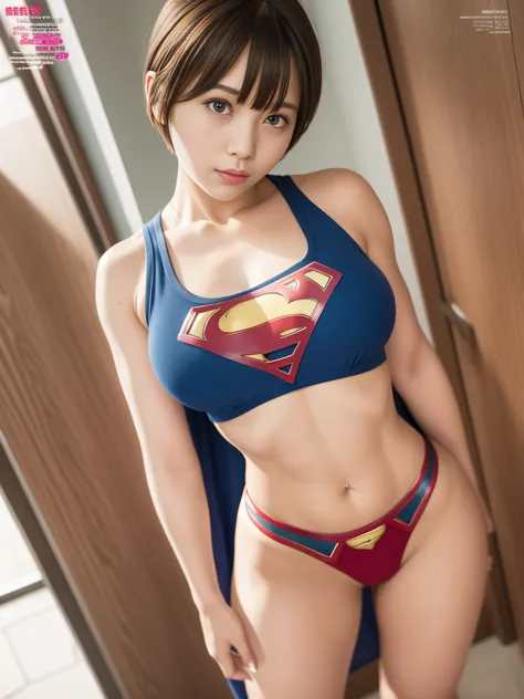 ​masterpiece、Short-haired Supergirl、Gymnasium、bare-legged、Looking at the camera、large full breasts、Too short miniskirt、highleg、Pro Wrestling、Magazine covers