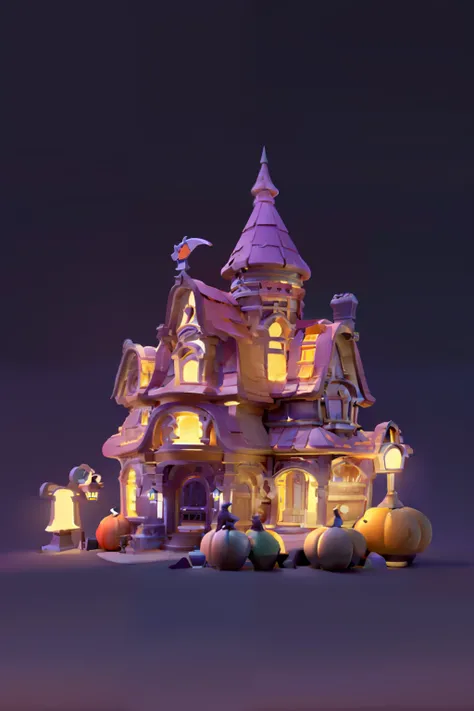 Game architectural design haloween pumpkin dark, moon, night, scrow, ravens, Cartoony, house， match the architecture，casual game style, building,C4D，closeup cleavage，tmasterpiece，super detailing，best qualtiy