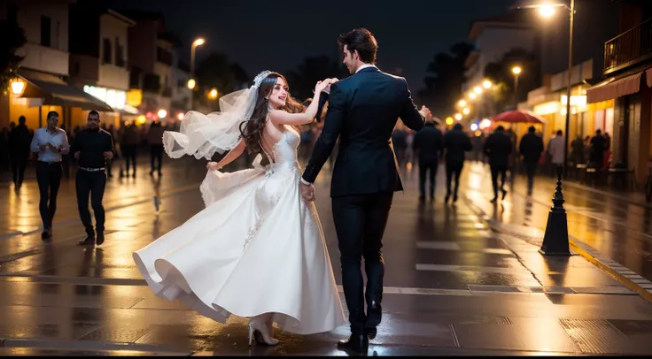 {Una pareja bailando y festejando en la calle, Por la noche, Plano medio, autopista}{escenario urbano, llueve, charcos en el pavimento, Edificios}