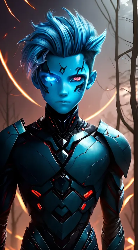 A humanoid boy with a cracked cyan face and red eyes, in the style of twisted branches, vray tracing, made of insects, burning/ charred, technological design, supernatural creatures, realistic human figures, subsurface fireflies, burning blue cotton hair，H...