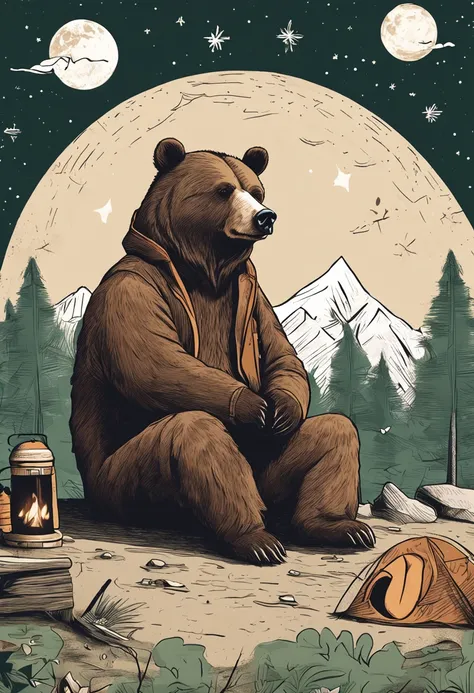 Bear chilling while camping、The main color is natural green、Secondary color is calm brown、Outdoor landscape background、In the style of handwriting、The design emphasizes the bears coat and the texture of the tent fabric.。The bear is relaxing by the campfire...