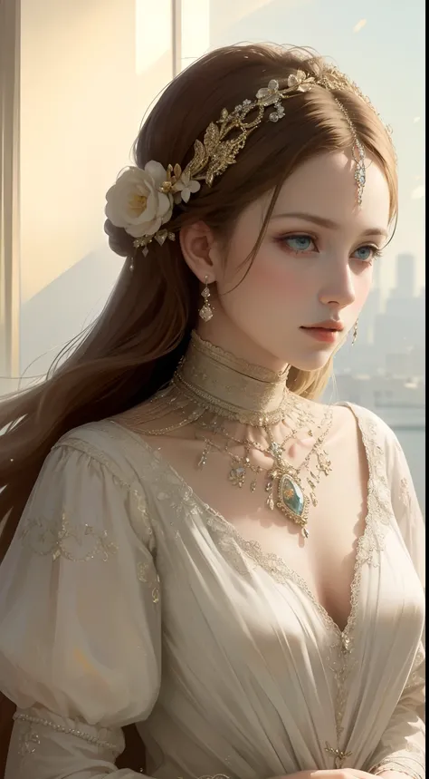 (Ultra-high quality masterpiece，A beautiful bust of a noble maiden，Classical braids，Clear eyes，Floral craftsmanship，Crystal jewelry，Ultra-fine details，Soft lighting)