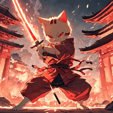 Anime style drawing of a samurai cat with red flaming eyes, holding a drawn sword, in fighting stance, with a japanese temple at the background