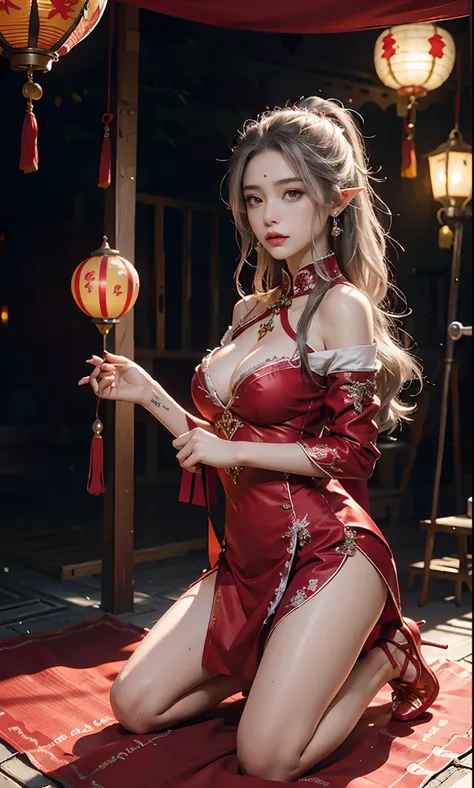 （Redcoat：1 silver-haired girl, Kneeling pose）， tmasterpiece， best qualtiy， RAW photogr， realisticlying， the face， Incredibly Ridiculous res， Beautiful elf beauty， ear studs，Get wet all over， (Long silver hair)， (Red wedding dress+)，Chinese silk long dress，...