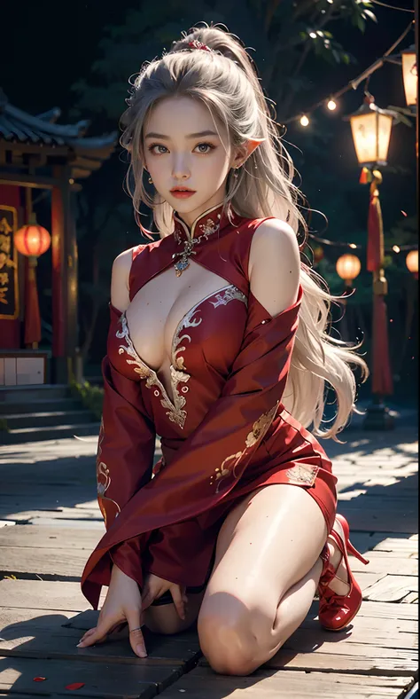 （Redcoat：1 silver-haired girl, Kneeling pose）， tmasterpiece， best qualtiy， RAW photogr， realisticlying， the face， Incredibly Ridiculous res， Beautiful elf beauty， ear studs，Get wet all over， (Long silver hair)， (Red wedding dress+)，Chinese silk long dress，...