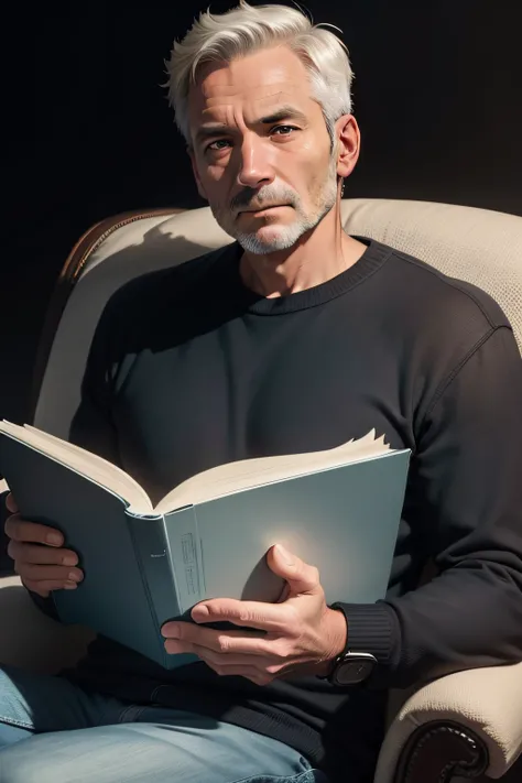 with a middle-aged man, around 40 years old, sitting in an armchair, reading a book. His face is looking straight ahead, with a black background.